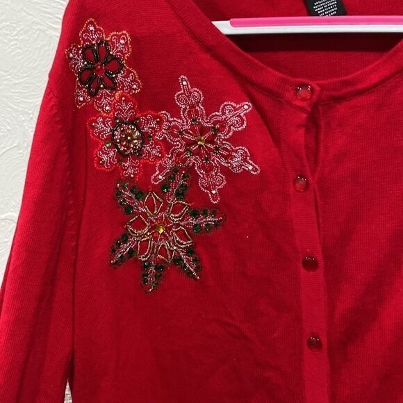 Repartee Woman Embellished Beaded Christmas Snowflake Sweater Cardigan 1X - Picture 2 of 6
